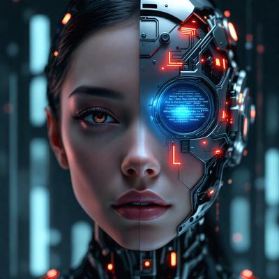 The primary subject of the image is a woman with a futuristic, cyberpunk appearance. She has a blue eye and a red eye, giving her a unique and striking look. The setting is a futuristic environment, possibly a digital art or illustration. The visual style is a combination of photo and digital art, creating a striking and intriguing image. The colors and mood of the image are predominantly blue and red, with a hint of orange, giving it a bold and futuristic atmosphere.